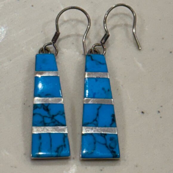 Two Pair Turquoise Earrings in Silver from Mexico - Picture 2 of 5